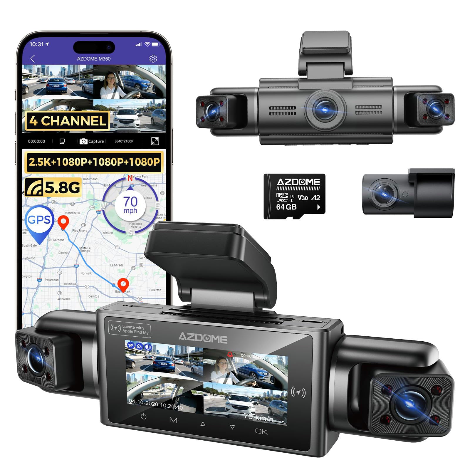 AZDome M350 4CH 2K Wifi GPS 64gb 360 graden dashcam