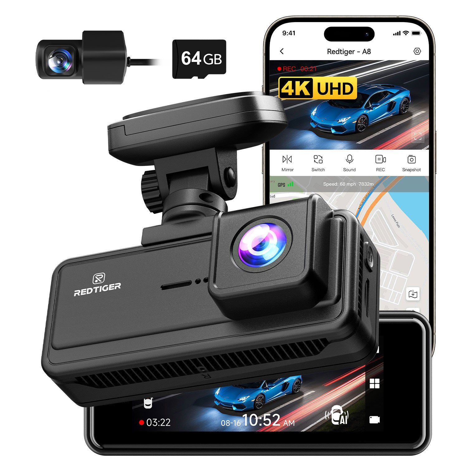 Redtiger A8 2CH 4K Touch Wifi GPS 64gb dashcam