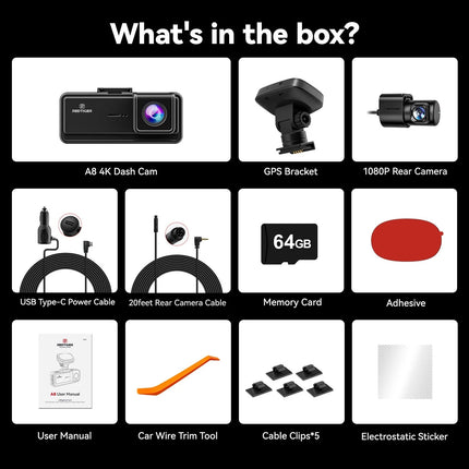 Redtiger A8 2CH 4K Touch Wifi GPS 64gb dashcam