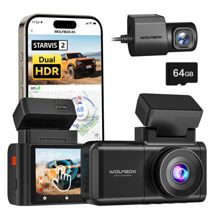 Wolfbox X3 Touch 2CH 2K Wifi GPS 64gb dashcam